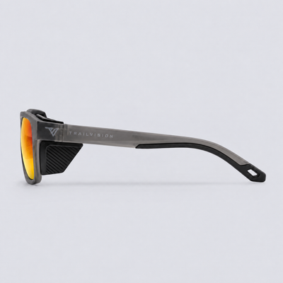 Ridgeline polarized sunglasses, Matte Crystal Dark Grey frame, Red mirror lenses – side view