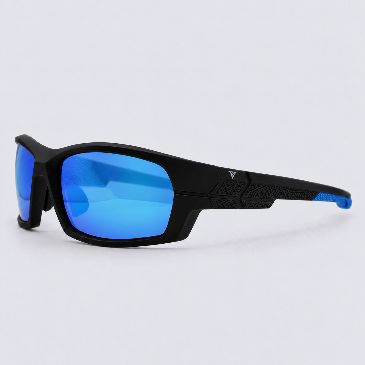 Trailvision Riptide sunglasses, Matte Black frame with blue accents and polarized Ice Blue Mirror lenses, angle view