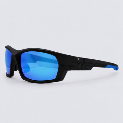 Trailvision Riptide sunglasses, Matte Black frame with blue accents and polarized Ice Blue Mirror lenses, angle view