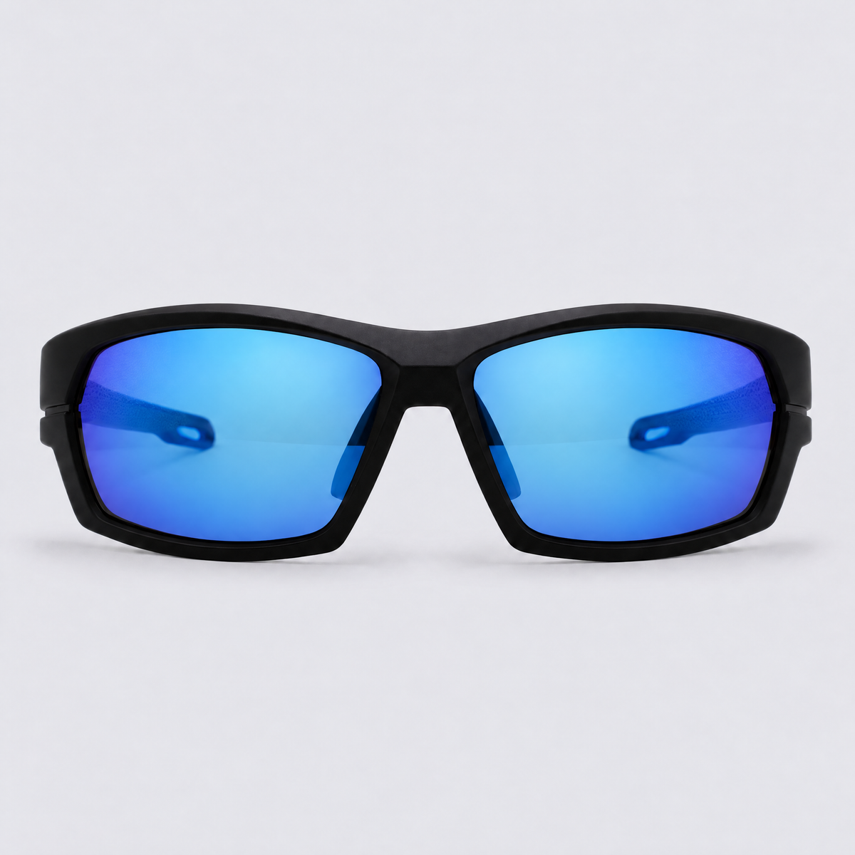 Trailvision Riptide sunglasses, Matte Black frame with blue accents and polarized Ice Blue Mirror lenses, front view