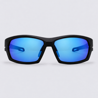 Trailvision Riptide sunglasses, Matte Black frame with blue accents and polarized Ice Blue Mirror lenses, front view