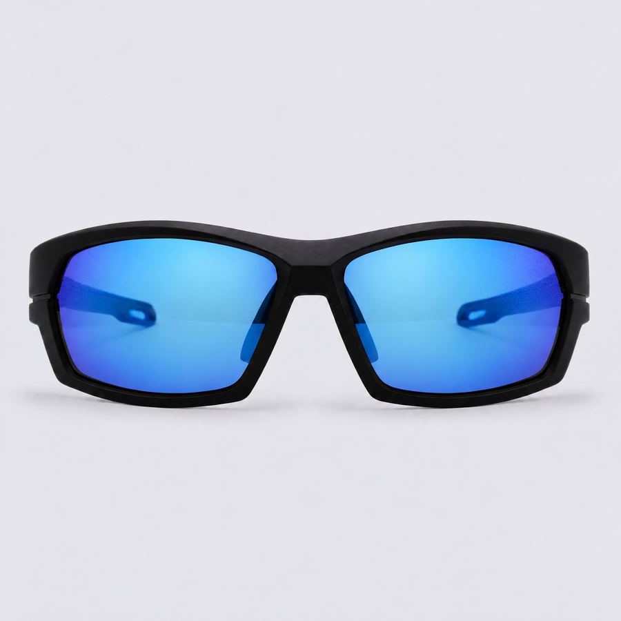 Trailvision Riptide sunglasses, Matte Black frame with blue accents and polarized Ice Blue Mirror lenses, front view
