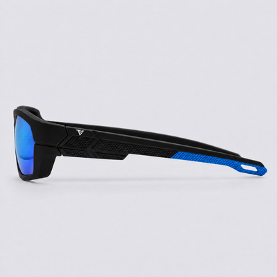 Trailvision Riptide sunglasses, Matte Black frame with blue accents and polarized Ice Blue Mirror lenses, side view