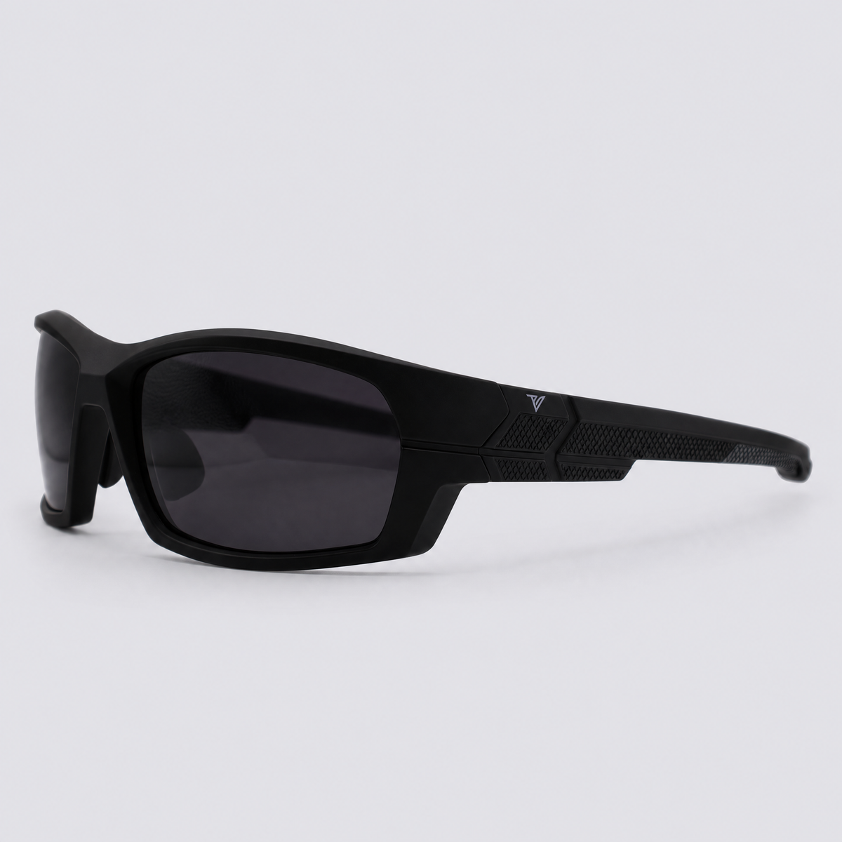 Trailvision Riptide sunglasses, Matte Black frame with grey grips and polarized Smoke lenses, angle view