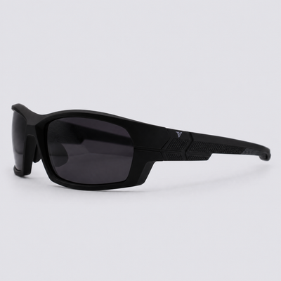 Trailvision Riptide sunglasses, Matte Black frame with grey grips and polarized Smoke lenses, angle view