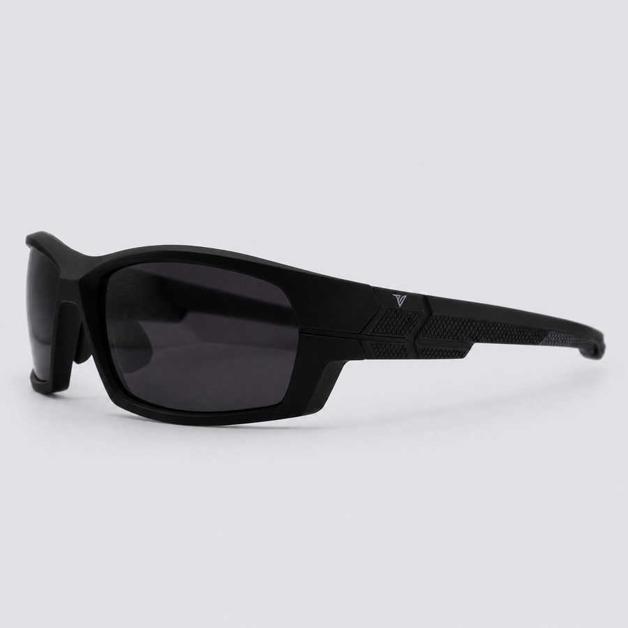 Trailvision Riptide sunglasses, Matte Black frame with grey grips and polarized Smoke lenses, angle view