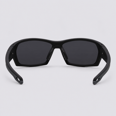 Trailvision Riptide sunglasses, Matte Black frame with grey grips and polarized Smoke lenses, back view