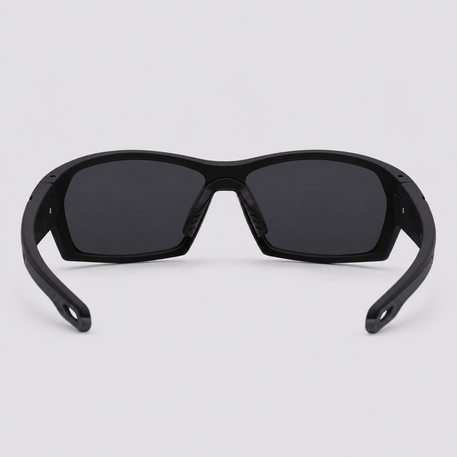 Trailvision Riptide sunglasses, Matte Black frame with grey grips and polarized Smoke lenses, back view