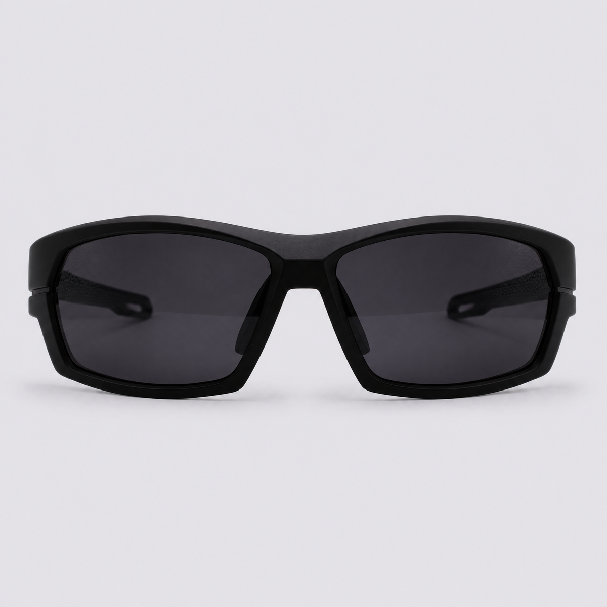 Trailvision Riptide sunglasses, Matte Black frame with grey grips and polarized Smoke lenses, front view
