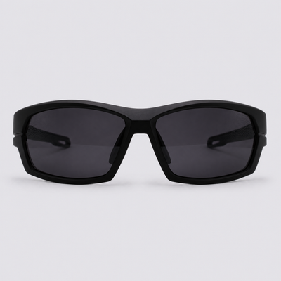 Trailvision Riptide sunglasses, Matte Black frame with grey grips and polarized Smoke lenses, front view