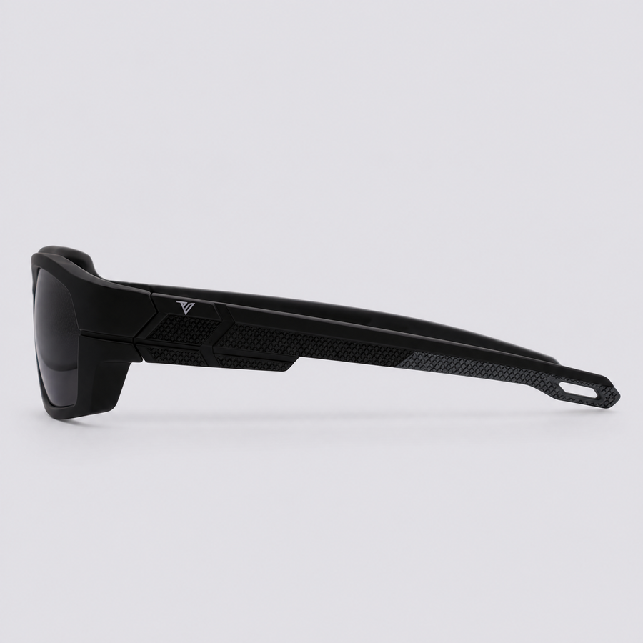 Trailvision Riptide sunglasses, Matte Black frame with grey grips and polarized Smoke lenses, side view
