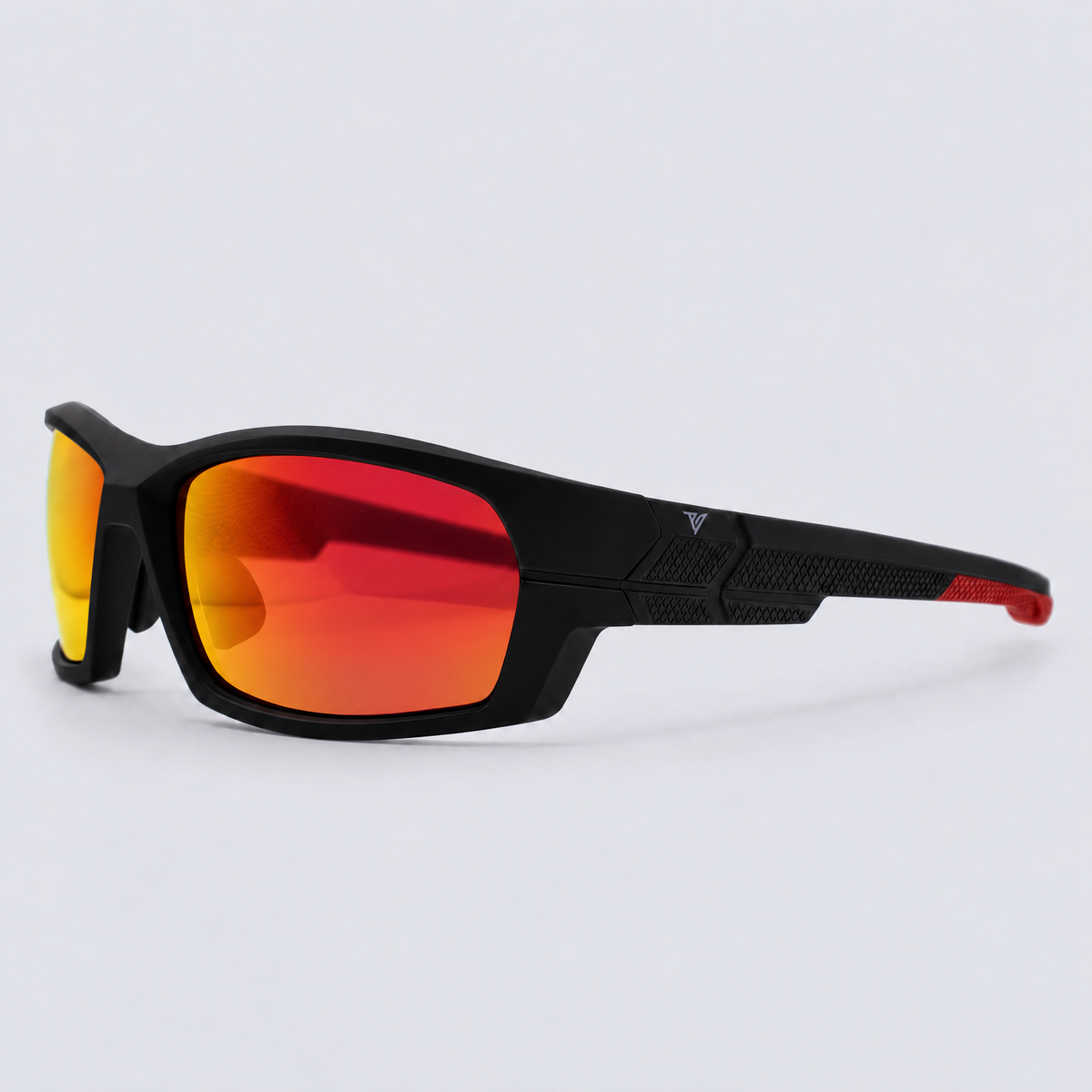 Trailvision Riptide sunglasses, Matte Black frame with red accents and polarized Red Mirror lenses, angle view