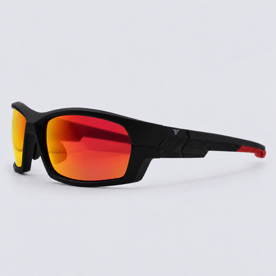 Trailvision Riptide sunglasses, Matte Black frame with red accents and polarized Red Mirror lenses, angle view
