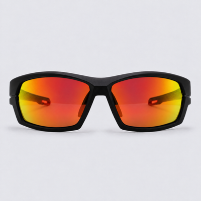 Trailvision Riptide sunglasses, Matte Black frame with red accents and polarized Red Mirror lenses, front view