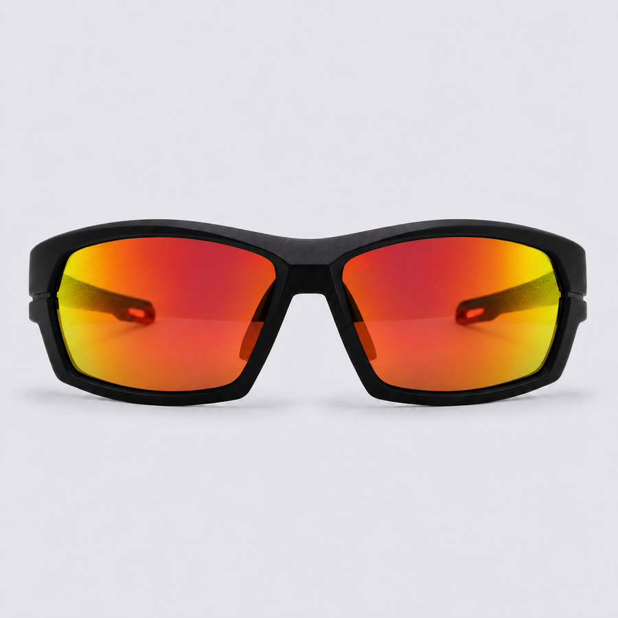Trailvision Riptide sunglasses, Matte Black frame with red accents and polarized Red Mirror lenses, front view