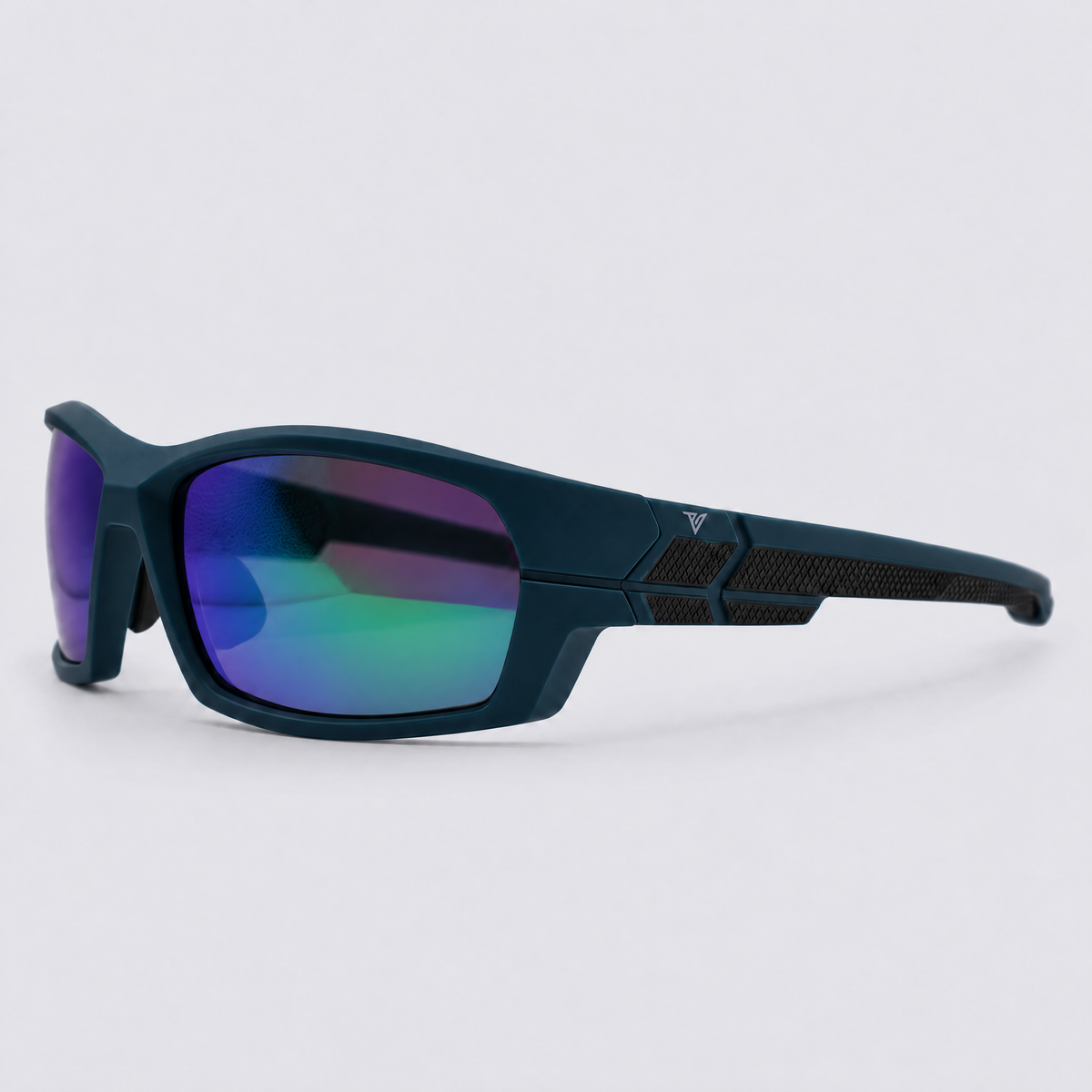 Trailvision Riptide sunglasses, Matte Teal frame with polarized Purple-Green Mirror lenses, angle view