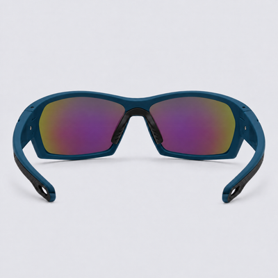 Trailvision Riptide sunglasses, Matte Teal frame with polarized Purple-Green Mirror lenses, back view