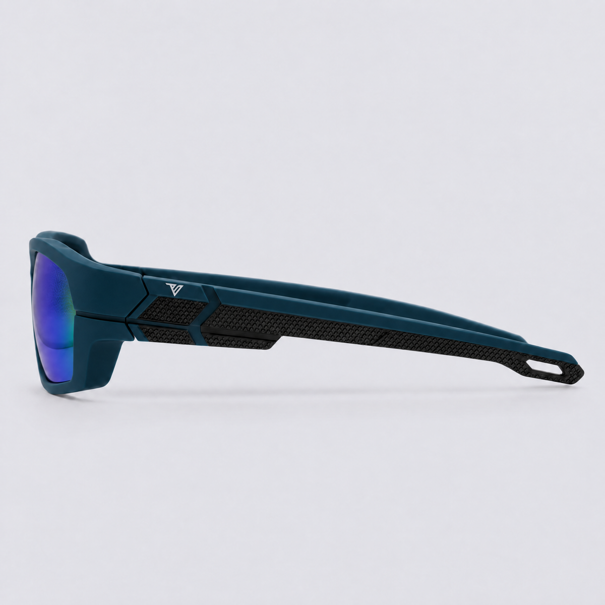Trailvision Riptide sunglasses, Matte Teal frame with polarized Purple-Green Mirror lenses, side view