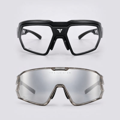 Trailvision Safety Duo: Titan (black, clear lens) and Bastion (transparent grey, photochromic shield), front view