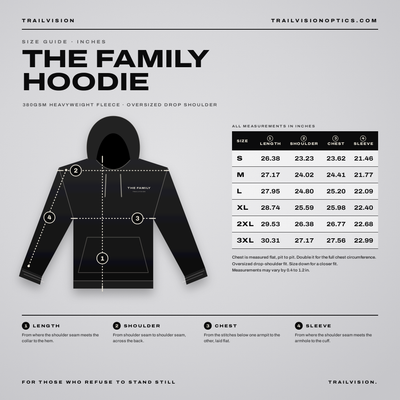 The Family Hoodie size guide with garment measurements in inches for sizes S to 3XL