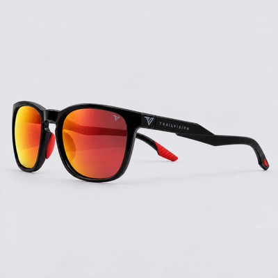 Stonepath polarized sunglasses, Shiny Black frame, Red mirror lenses – angle view