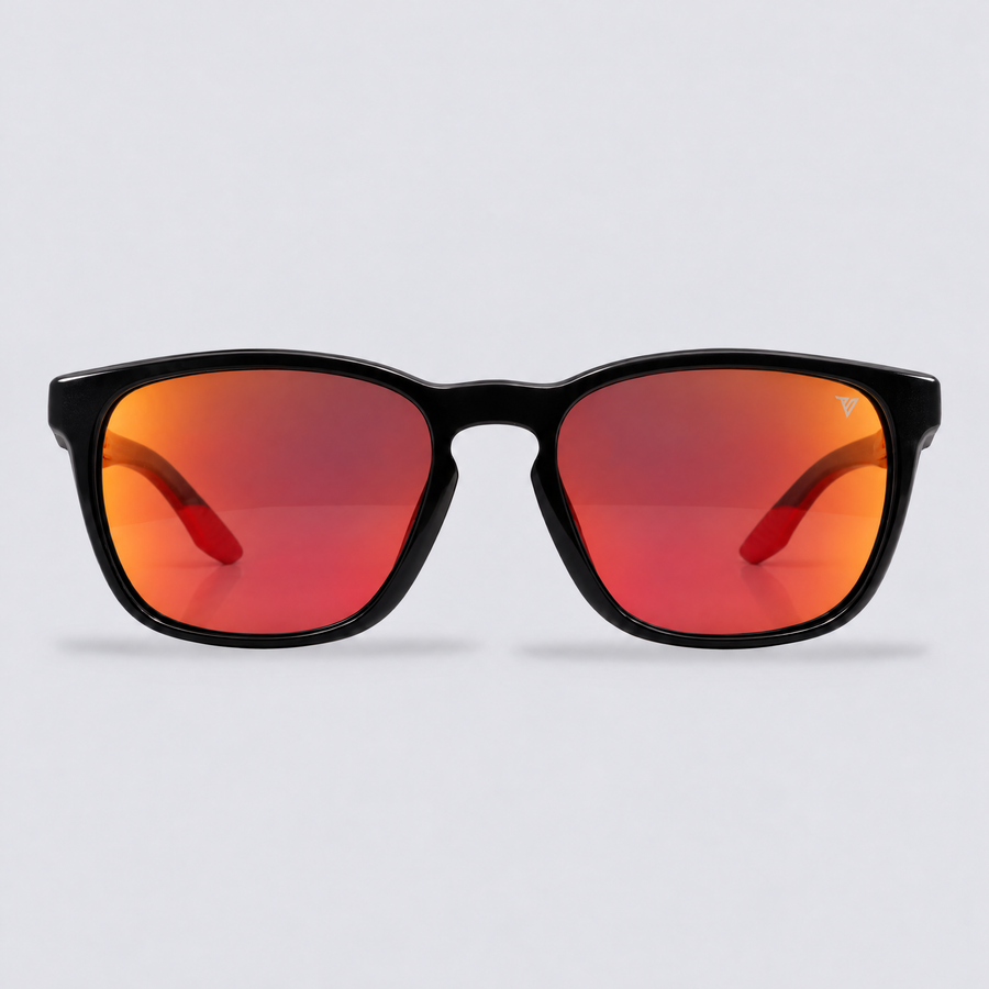 Stonepath polarized sunglasses, Shiny Black frame, Red mirror lenses – front view