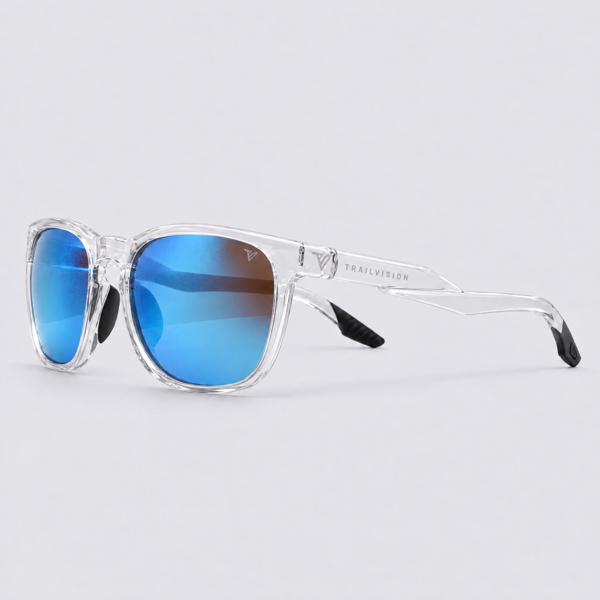 Stonepath polarized sunglasses, Shiny Clear frame, Blue mirror lenses – angle view