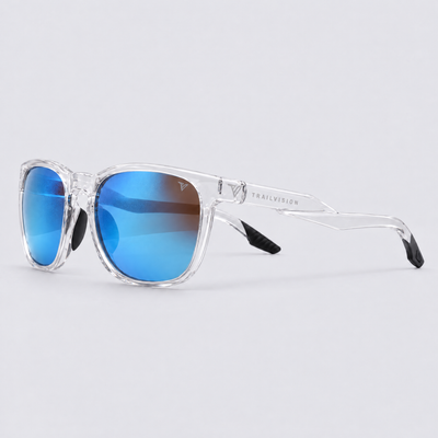 Stonepath polarized sunglasses, Shiny Clear frame, Blue mirror lenses – angle view