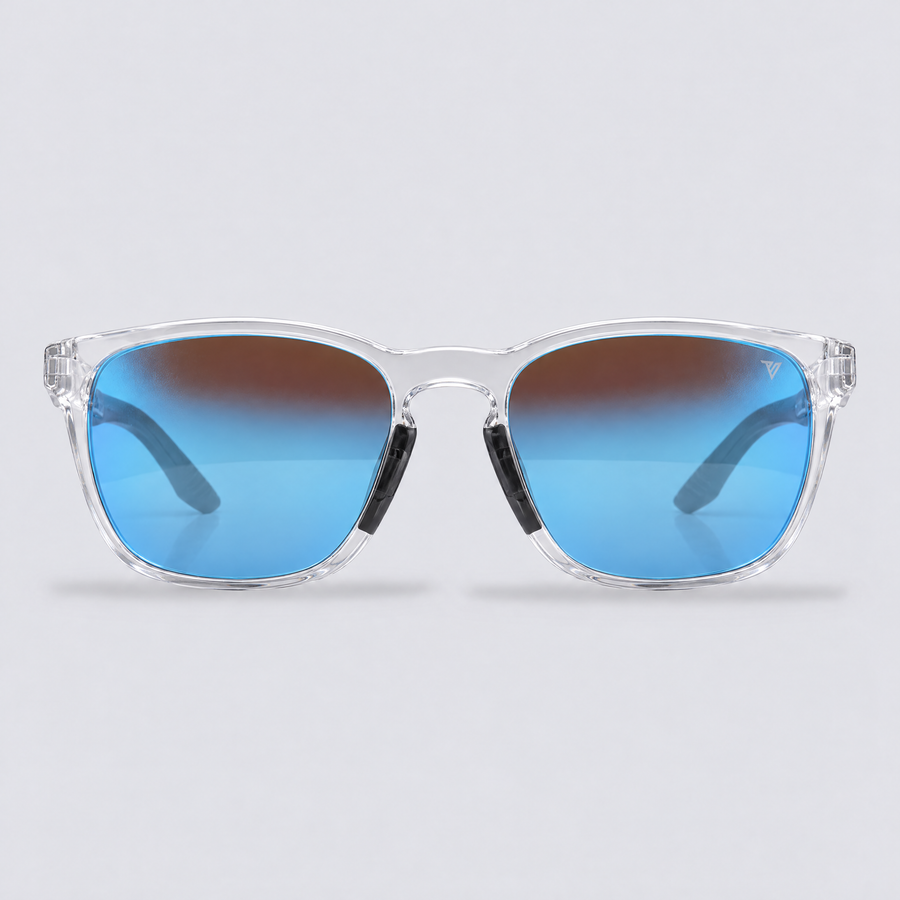 Stonepath polarized sunglasses, Shiny Clear frame, Blue mirror lenses – front view