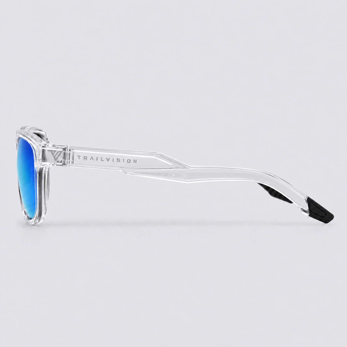 Stonepath polarized sunglasses, Shiny Clear frame, Blue mirror lenses – side view