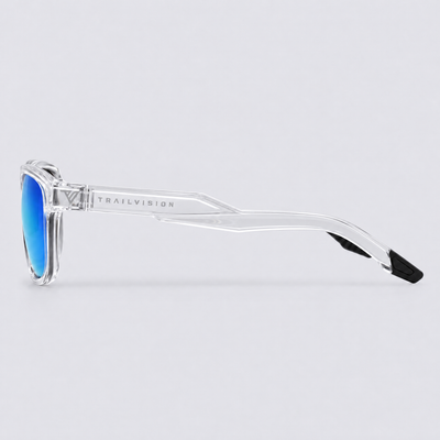 Stonepath polarized sunglasses, Shiny Clear frame, Blue mirror lenses – side view