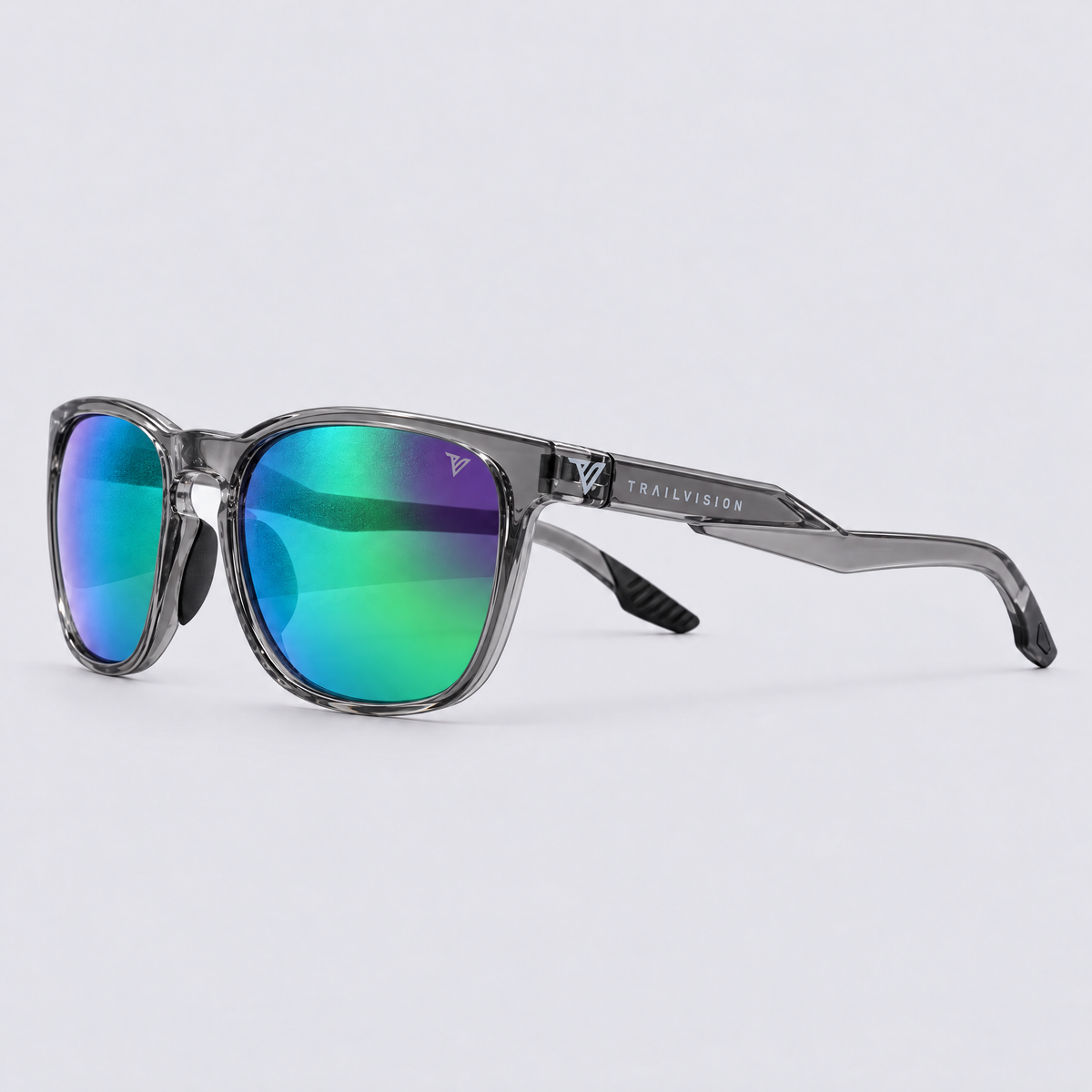 Stonepath polarized sunglasses, Shiny Crystal Dark Grey frame, Green mirror lenses – angle view