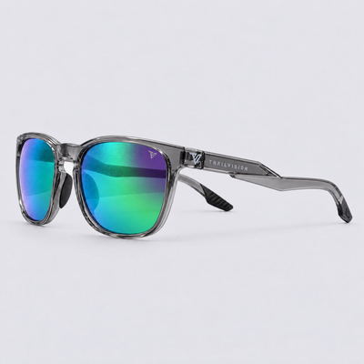 Stonepath polarized sunglasses, Shiny Crystal Dark Grey frame, Green mirror lenses – angle view