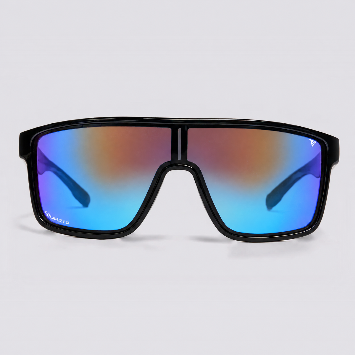 Trailvision Stryker sunglasses, Shiny Black frame with polarized Blue Mirror shield lens, front view