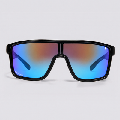Trailvision Stryker sunglasses, Shiny Black frame with polarized Blue Mirror shield lens, front view