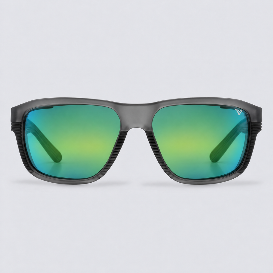Switchback Matte Crystal Dark Grey Polarized Green Mirror – front view