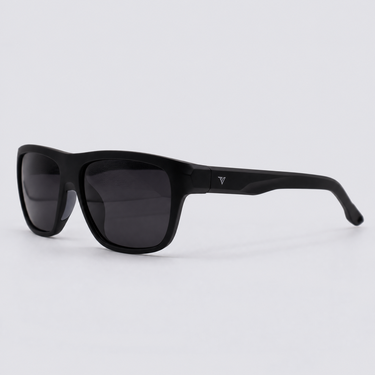 Trailvision Timberline sunglasses, Matte Black frame with polarized Smoke lenses, angle view