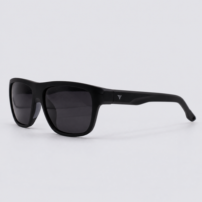 Trailvision Timberline sunglasses, Matte Black frame with polarized Smoke lenses, angle view