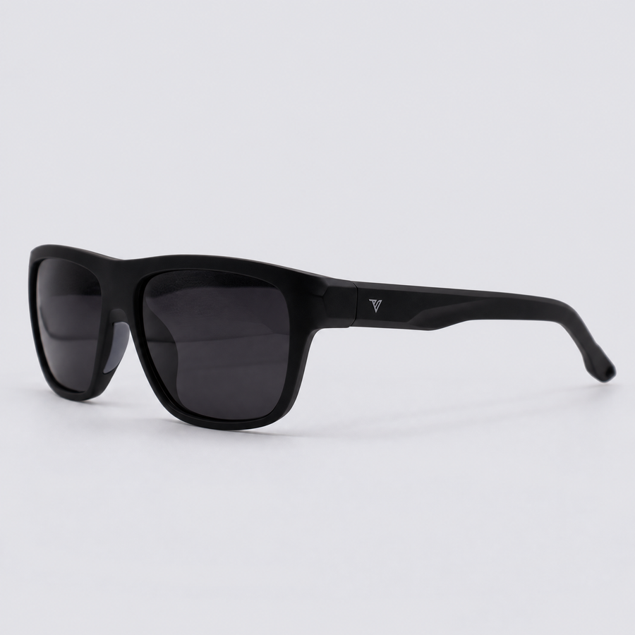 Trailvision Timberline sunglasses, Matte Black frame with polarized Smoke lenses, angle view