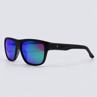 Trailvision Timberline sunglasses, Matte Black frame with polarized Purple-Green Mirror lenses, angle view