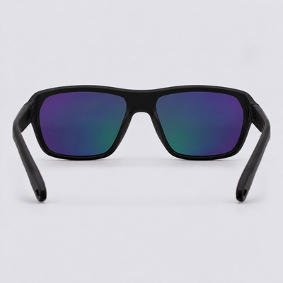 Trailvision Timberline sunglasses, Matte Black frame with polarized Purple-Green Mirror lenses, back view