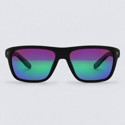 Trailvision Timberline sunglasses, Matte Black frame with polarized Purple-Green Mirror lenses, front view