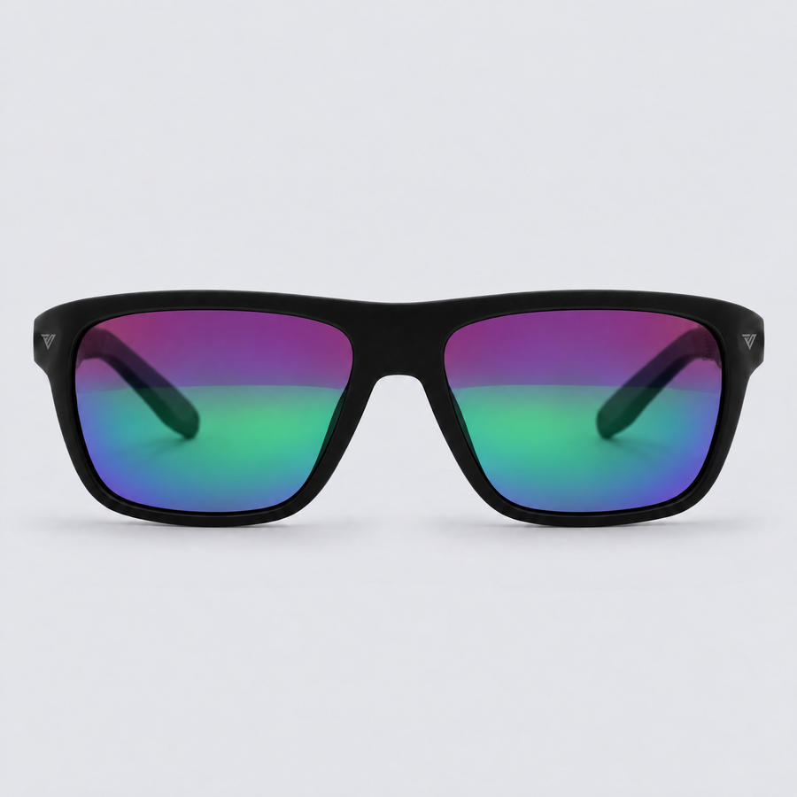 Trailvision Timberline sunglasses, Matte Black frame with polarized Purple-Green Mirror lenses, front view