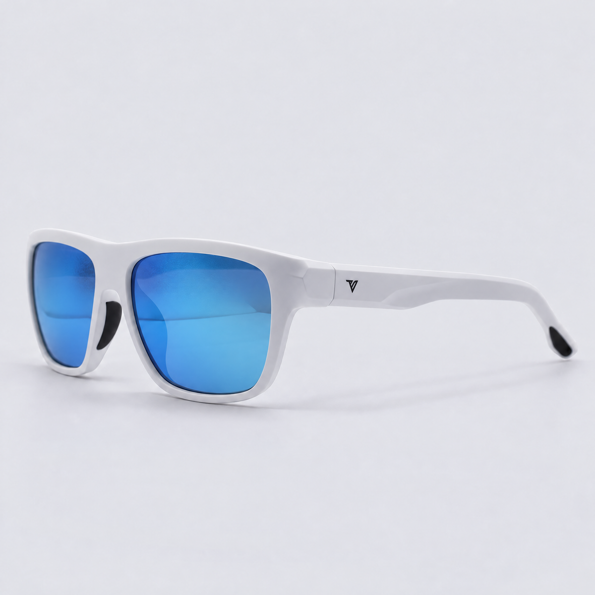 Trailvision Timberline sunglasses, Matte White frame with polarized Ice Blue Mirror lenses, angle view