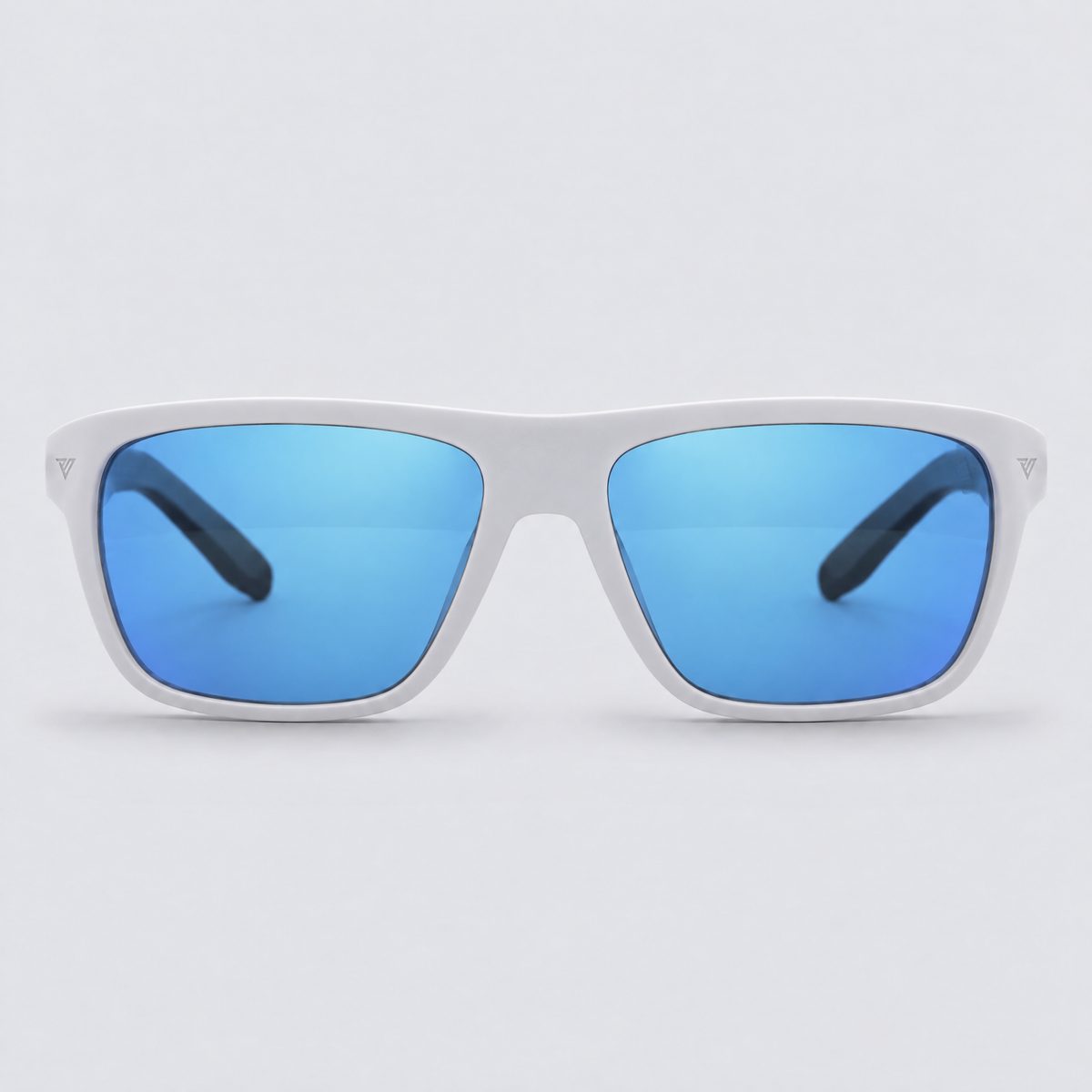 Trailvision Timberline sunglasses, Matte White frame with polarized Ice Blue Mirror lenses, front view