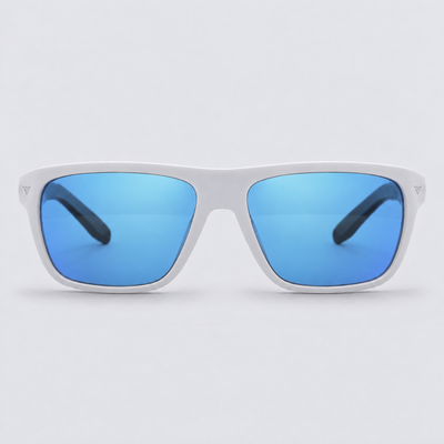 Trailvision Timberline sunglasses, Matte White frame with polarized Ice Blue Mirror lenses, front view