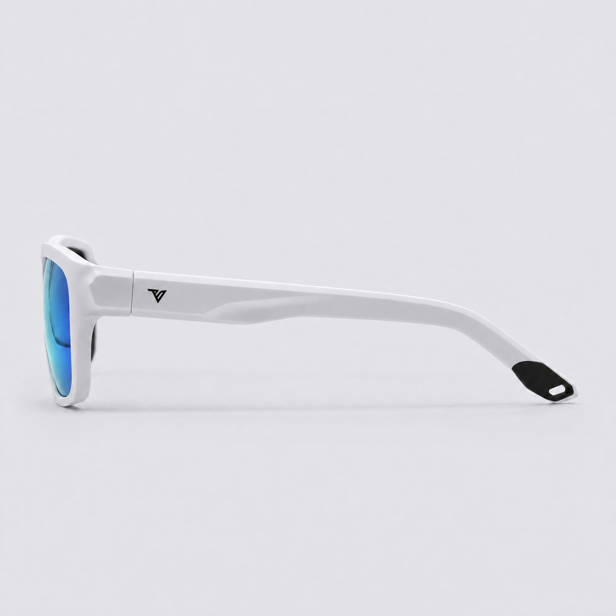 Trailvision Timberline sunglasses, Matte White frame with polarized Ice Blue Mirror lenses, side view