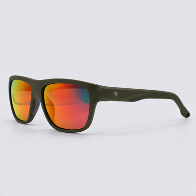 Trailvision Timberline sunglasses, Olive Green frame with polarized Red Mirror lenses, angle view