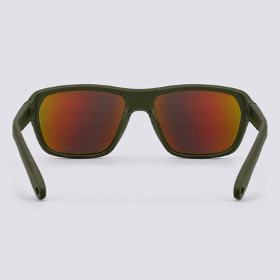 Trailvision Timberline sunglasses, Olive Green frame with polarized Red Mirror lenses, back view