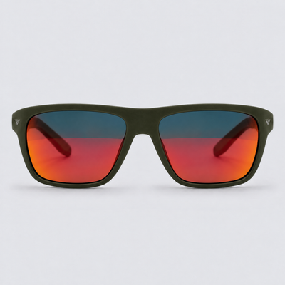 Trailvision Timberline sunglasses, Olive Green frame with polarized Red Mirror lenses, front view